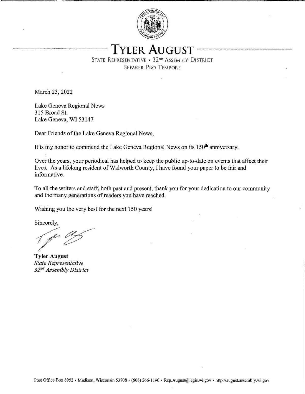 Letter from Rep. August