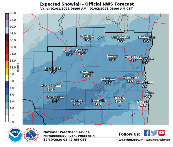 Friday-Friday night snowfall by National Weather Service