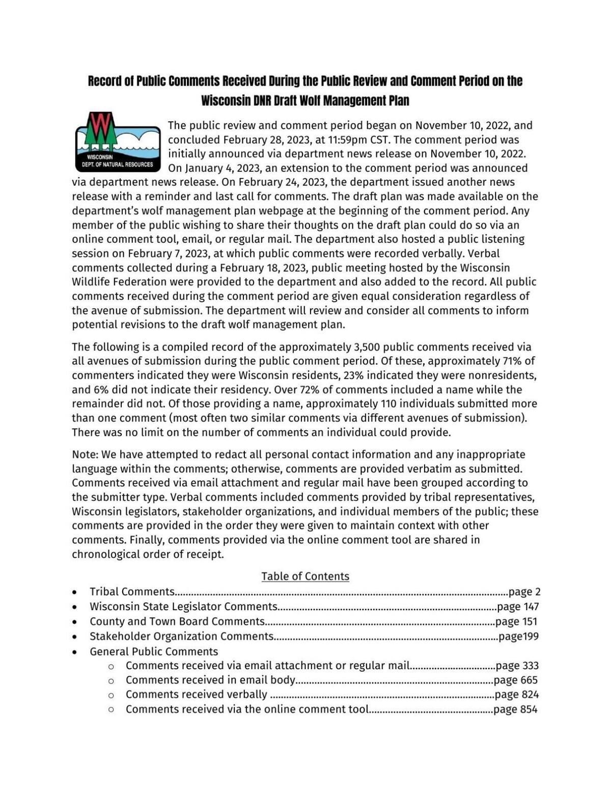 Public comments on draft wolf plan