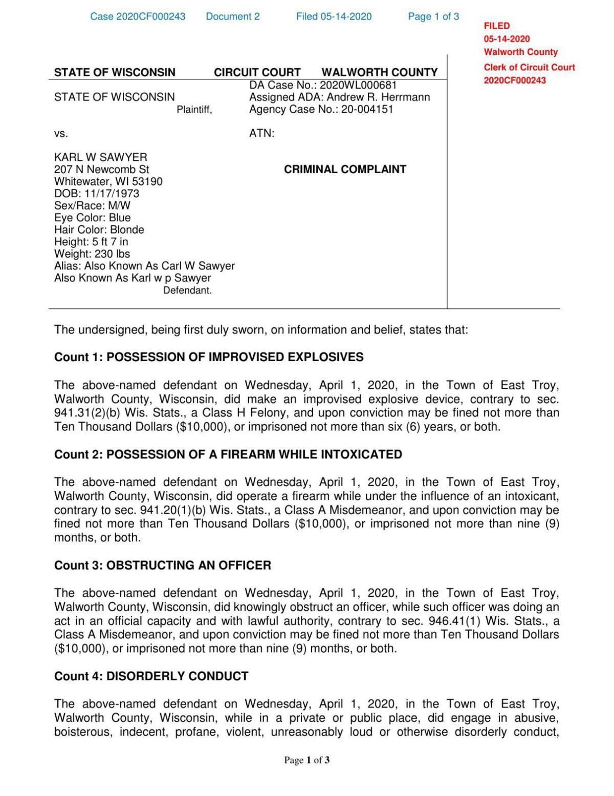 Karl Sawyer criminal complaint