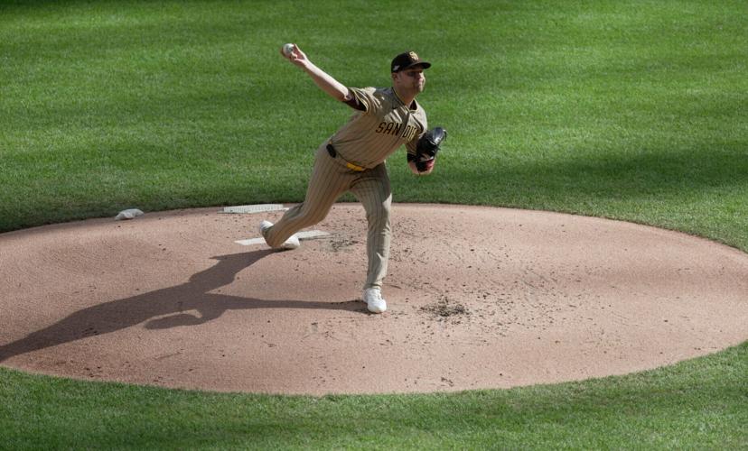 San Diego Padres pitcher Michael King (34) throws during the first inning of their National League Division Series game against