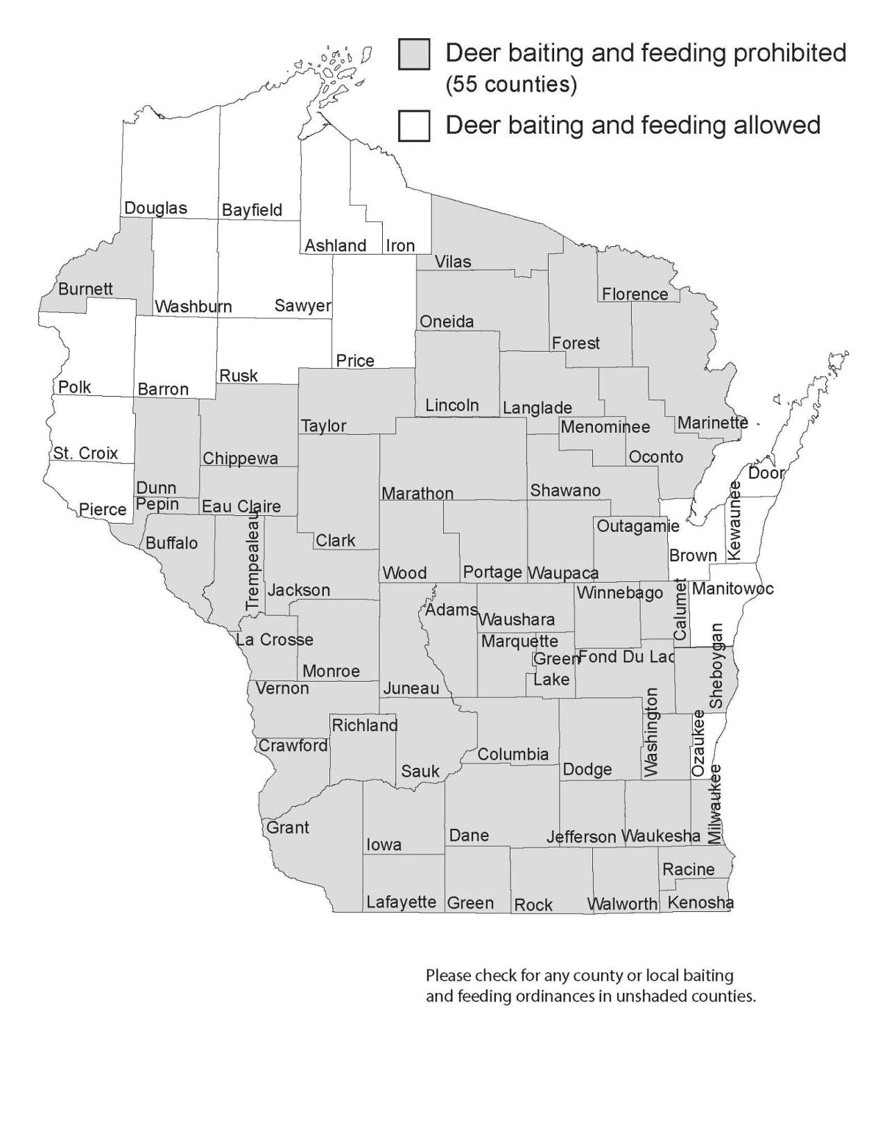 Map of current Wisconsin DNR deer baiting and feeding ban areas