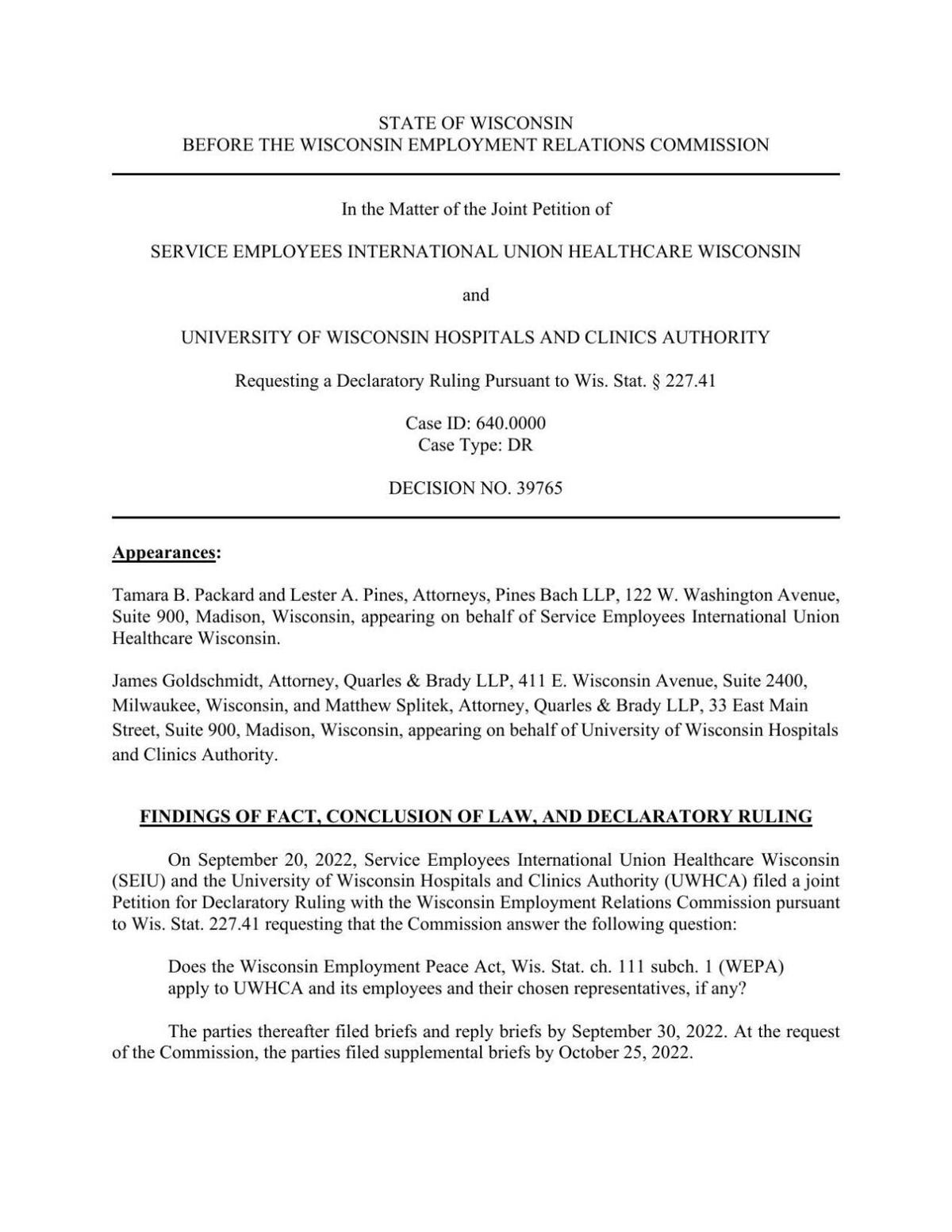 WERC ruling on UIW Hospital, SEIU