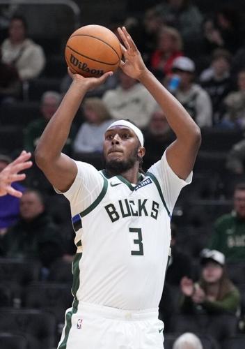 Oct 26, 2026; Milwaukee, Wisconsin, USA;  Milwaukee Bucks center Myles Turner (3) shoots against Indiana Pacers win the second half at Fiserv Forum.  Mandatory Credit: Michael McLoone-Imagn Images