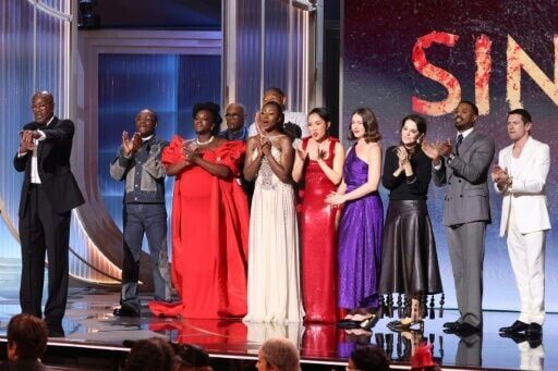 Delroy Lindo (L) speaks for the cast of 'Sinners' as they won the top Actor Award for best cast in a motion picture from the Screen Actors Guild