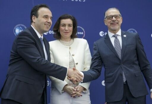 ESA chief Josef Aschbacher (right), with Greek digital governance minister Dimitris Papastergiou and German's aerospace minister Dorothee Baer