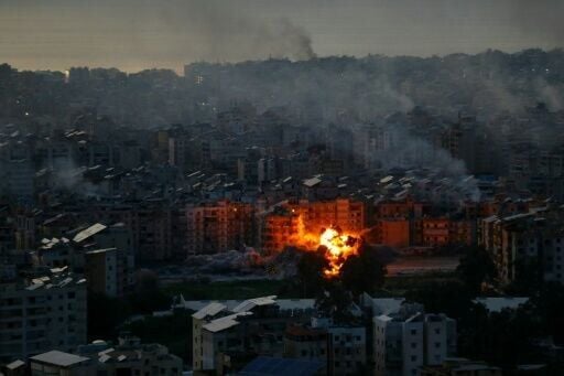 A fireball ascends from the site of an Israeli air strike on Beirut’s southern suburbs, a stronghold of Hezbollah