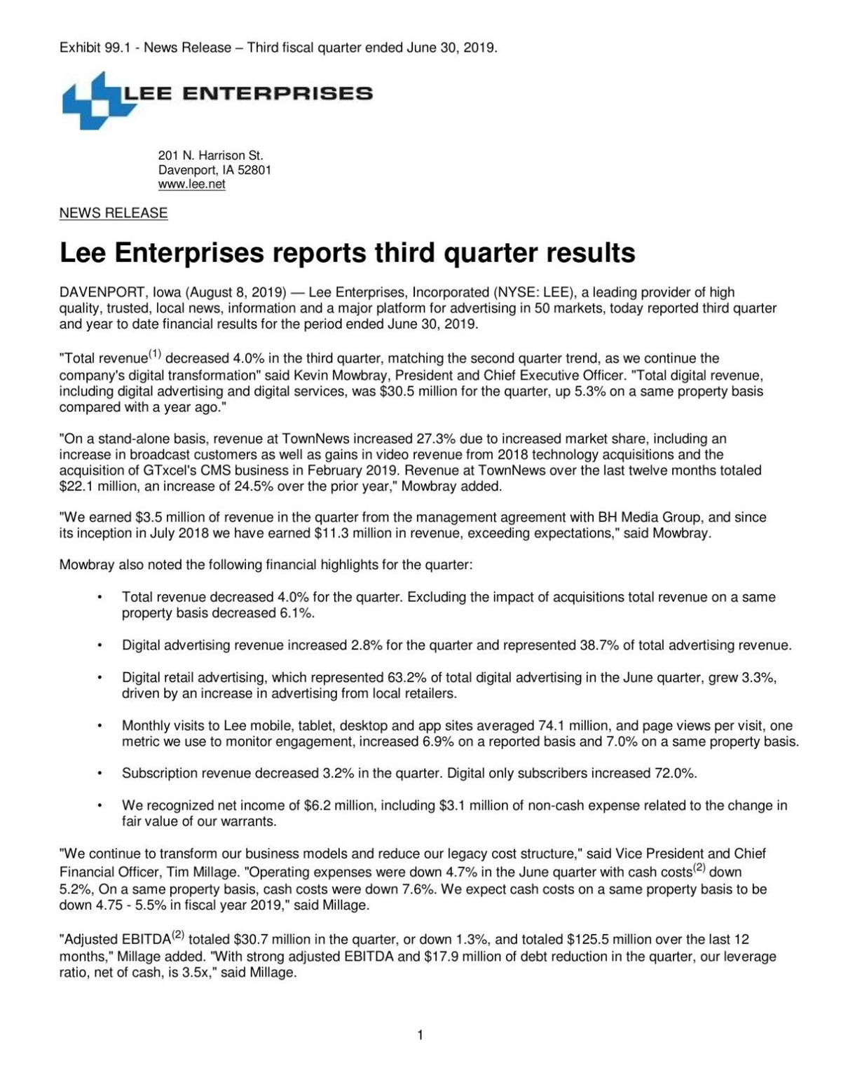 Lee Enterprises reports third quarter results Investors