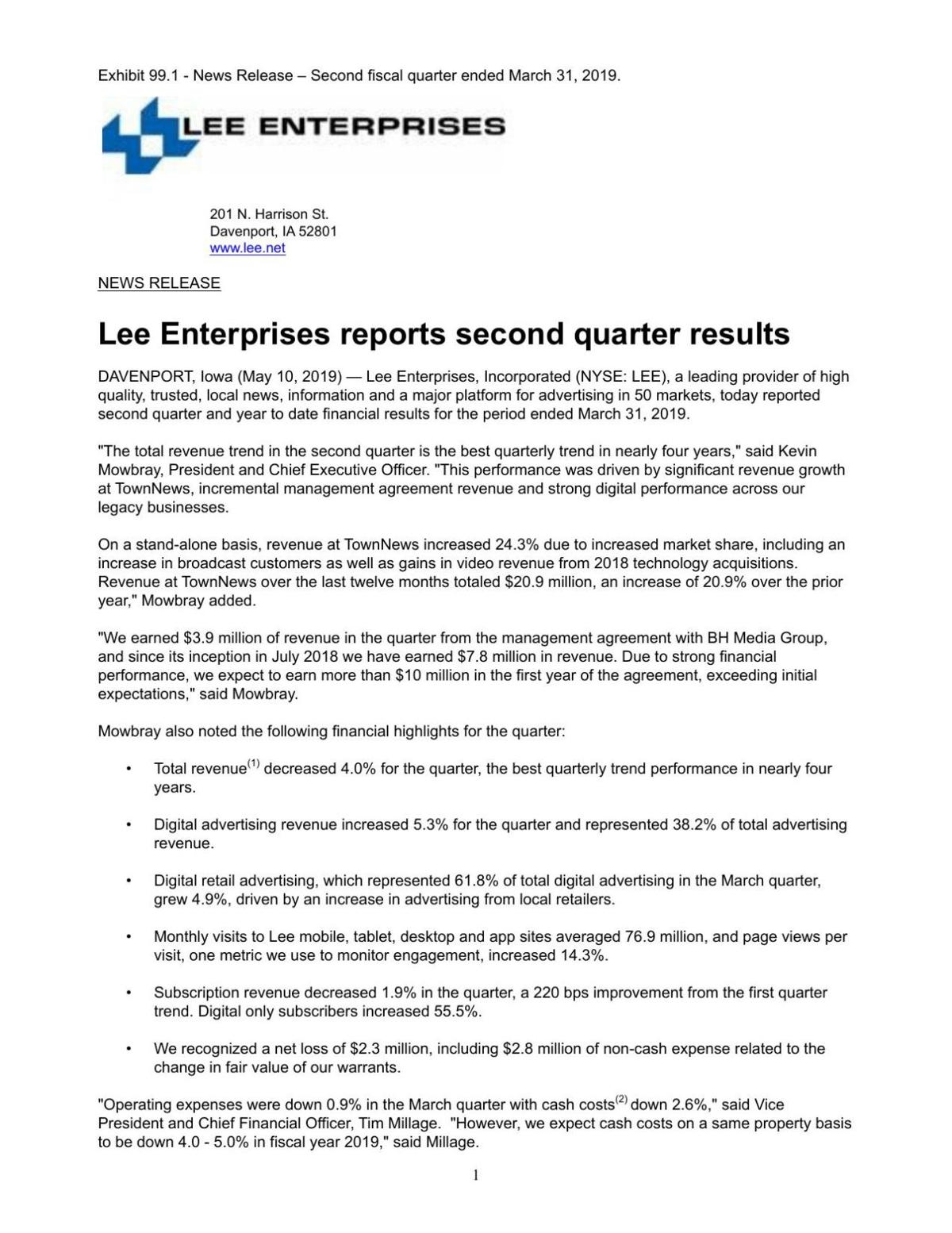 Lee Enterprises reports second quarter results Investors