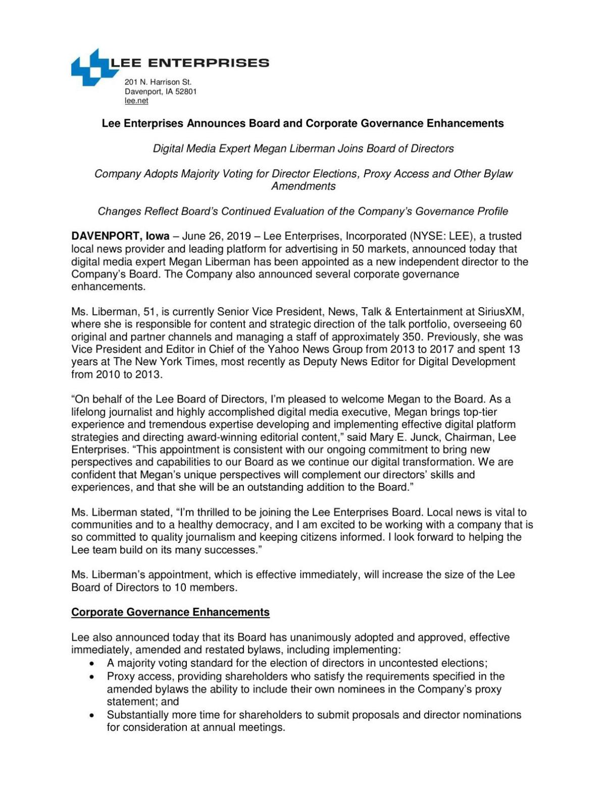 Lee Enterprises Announces Board and Corporate Governance Enhancements