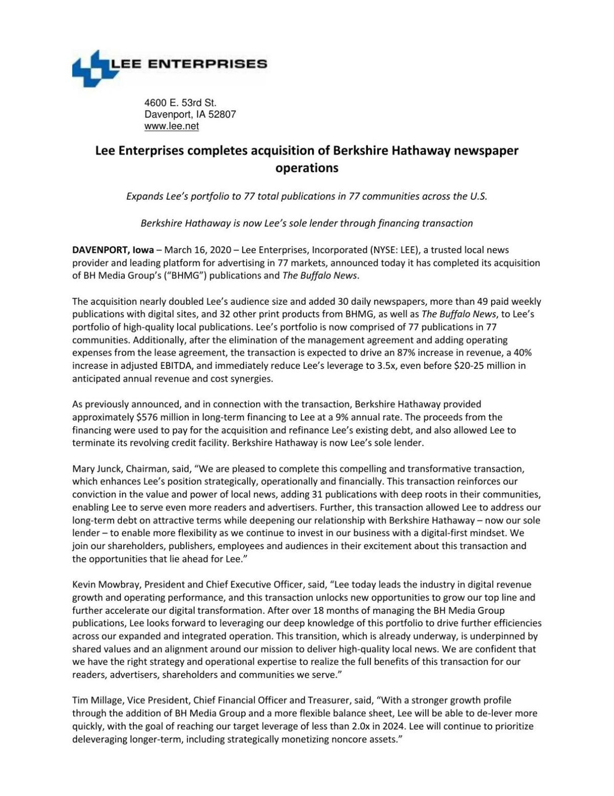 Lee Enterprises completes acquisition of Berkshire Hathaway newspaper