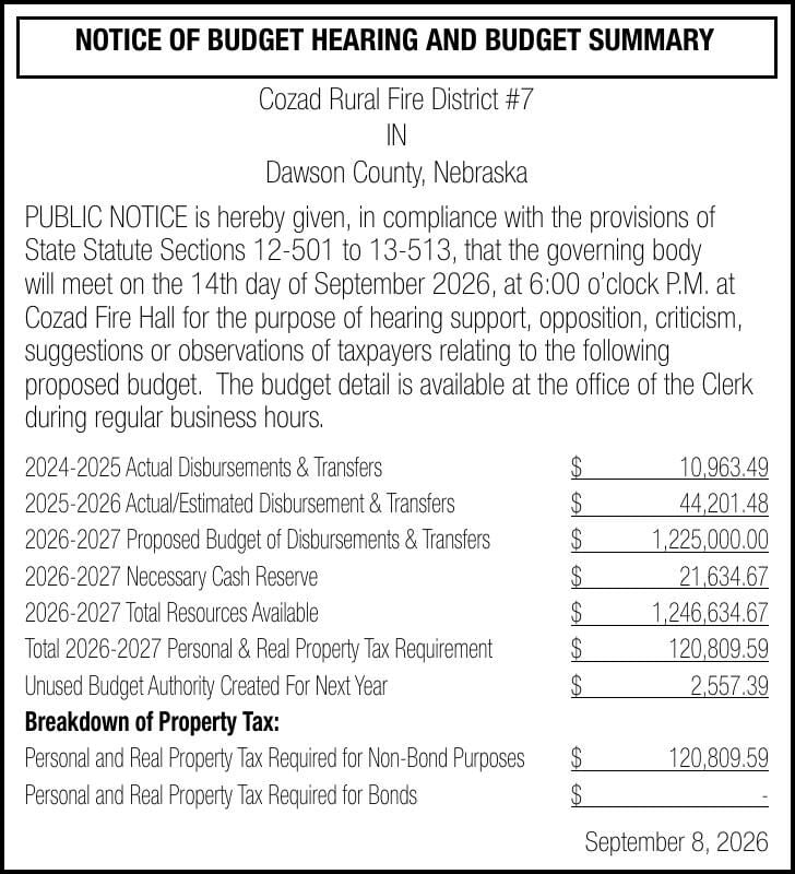 COZAD RURAL FIRE DISTRICT #7 - Ad from 2026-09-08