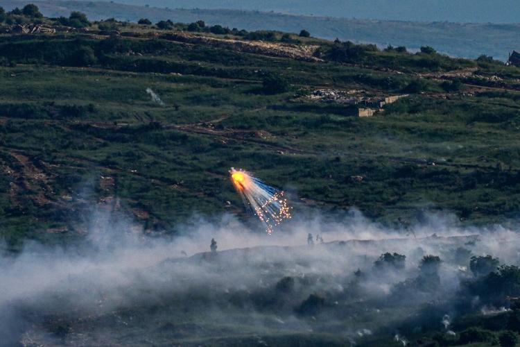 An explosion of what appears to be white phosphorus after an Israeli army attack in South Lebanon, as seen from the Israeli side of the Israel-Lebanon border