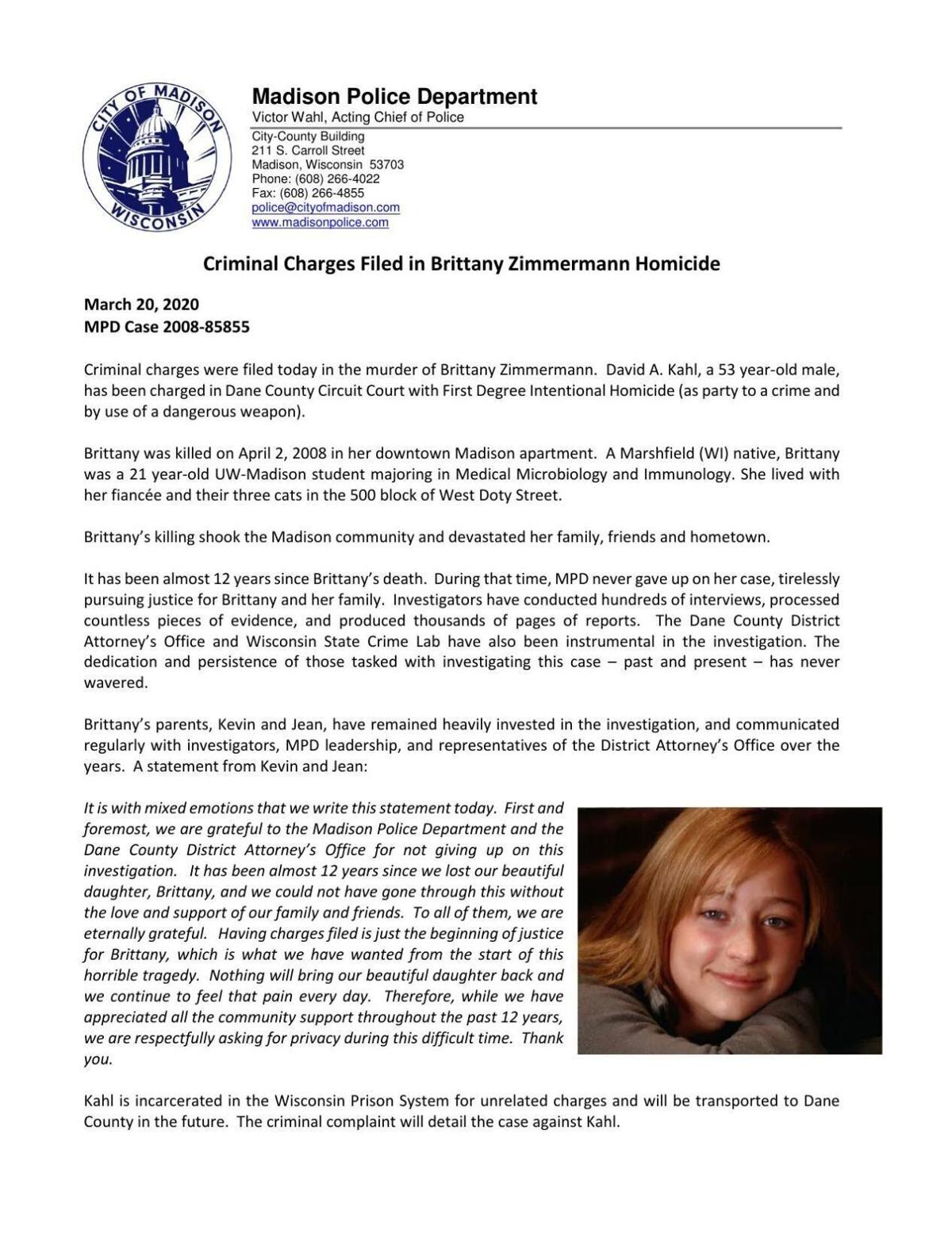 Read the statement from MPD, Zimmermann family