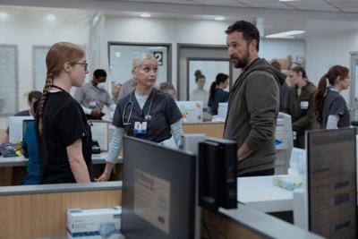 Dr. Mel King (Taylor Dearden), charge nurse Dana Evans (Katherine LaNasa) and Dr. Michael “Robby” Robinavitch (Noah Wyle) in Season 3 of "The Pitt."