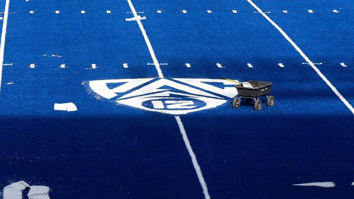 The Pac-12 logo is installed on the field at Albertsons Stadium on June 30, 2026. Boise State Athletics officially moved to the revived Pac-12 Conference on July 1. The move ends a 15- year tenure in the Mountain West Conference for Boise State.