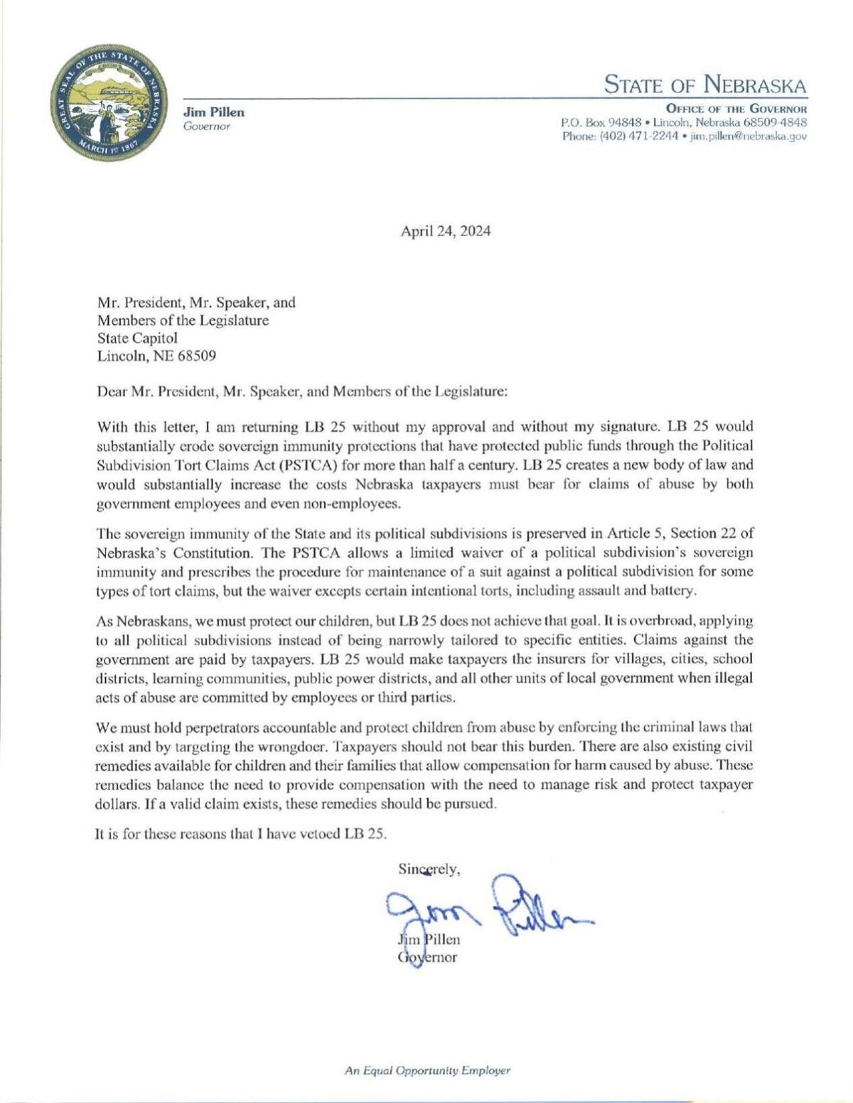 Gov. Jim Pillen's veto letter rejecting LB25
