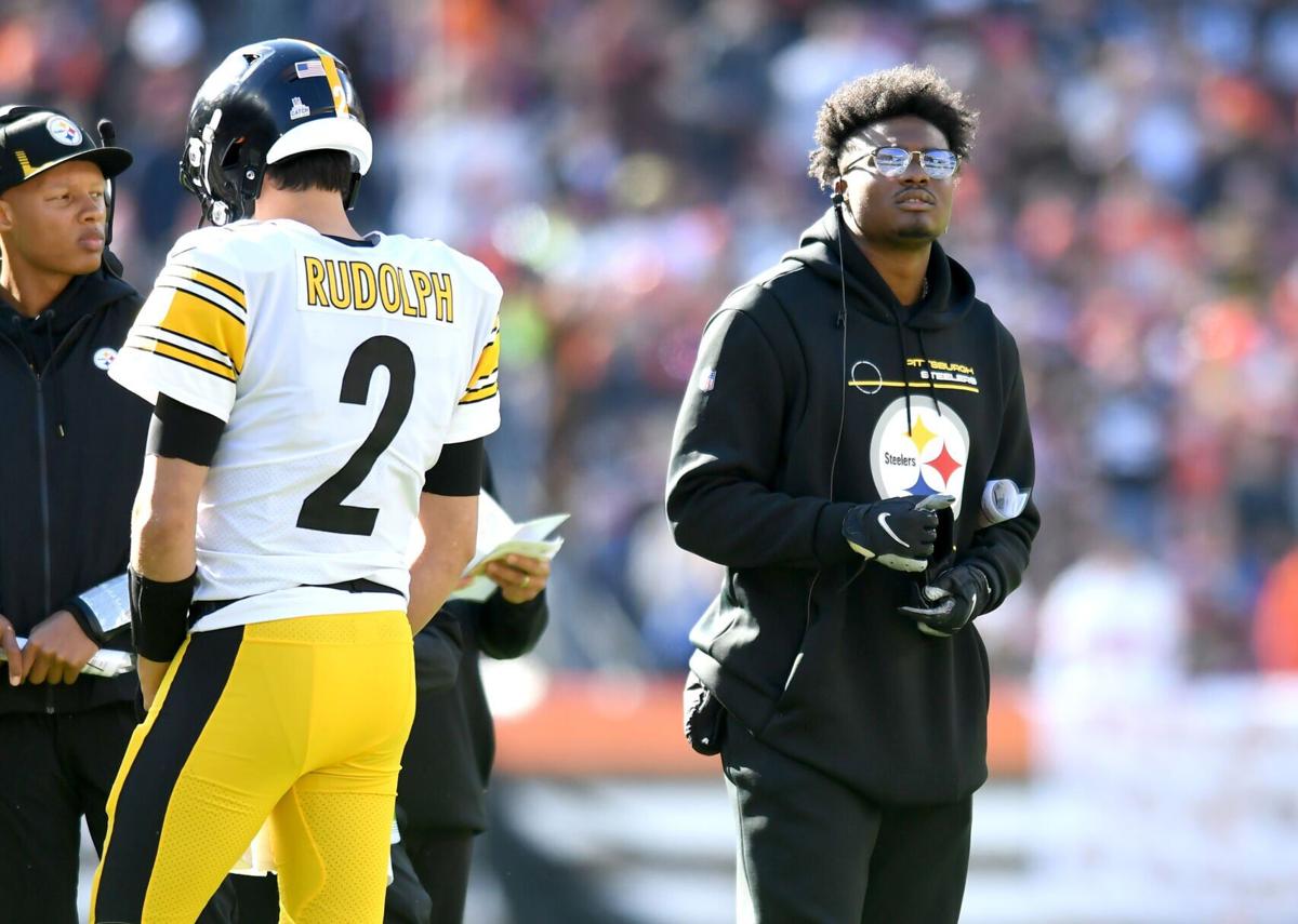 Dwayne Haskins of the Pittsburgh Steelers looks on from the sidelines during the first half against the Cleveland Browns at FirstEnergy Stadium on Oct. 31, 2021, in Cleveland.