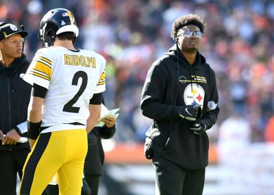 Dwayne Haskins of the Pittsburgh Steelers looks on from the sidelines during the first half against the Cleveland Browns at FirstEnergy Stadium on Oct. 31, 2021, in Cleveland.