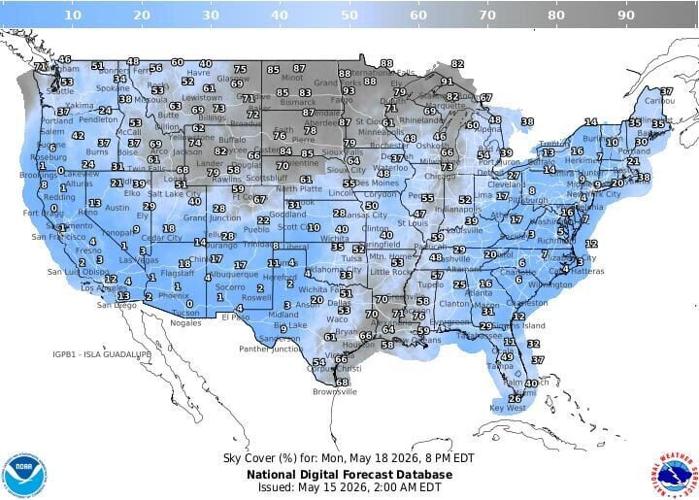This graphic from the National Weather Service shows the cloud forecast for Monday, May 18 during a conjunction of the moon and Venus.