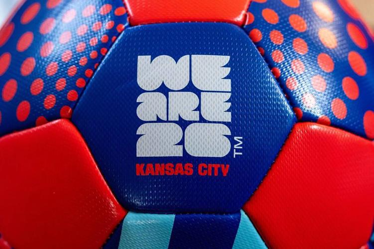A soccer ball featuring the FIFA World Cup Kansas City logo is displayed at the One Year To Go news conference for the FIFA World Cup at Union Station on June 11, 2025, in Kansas City, Missouri.
