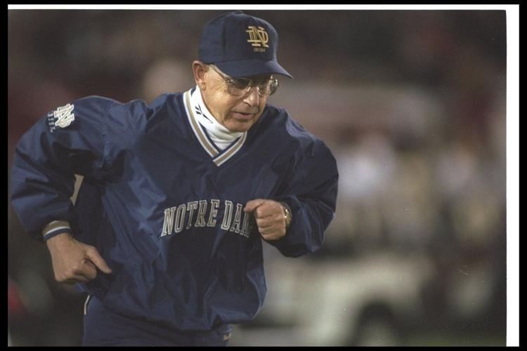 Notre Dame Fighting Irish head coach Lou Holtz looks on during a game against the USC Trojans, Nov 30, 1996, at the Coliseum in Los Angeles.