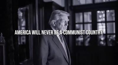 President Donald Trump is depicted in this screengrab taken from a White House video. The administration is using public dollars to pay for a television ad that features Trump urging Americans to "defeat communism," while touting his economic record and pe