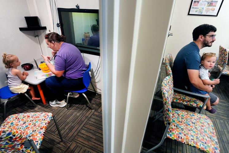 In July, the Plumb sisters became the first in the nation to receive a newly approved gene therapy called Otarmeni to treat a rare genetic form of hearing loss. They are pictured during an Aug. 25 hearing test at Children’s Wisconsin Appleton Clinic in A
