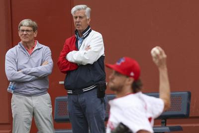 Philadelphia Phillies managing partner John Middleton, left, remains a big fan of president of baseball operations Dave Dombrowski, middle.