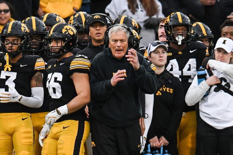 Iowa football coach Kirk Ferentz reacts during the second quarter of his team's 2025 game against Michigan State at Kinnick Stadium in Iowa City.