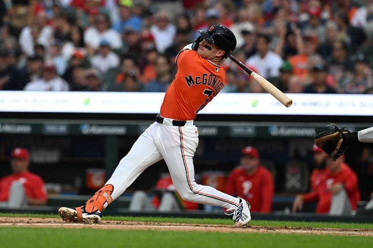 Detroit Tigers shortstop Kevin McGonigle (7) hits a two-run home run against the Philadelphia Phillies in the third inning at Comerica Park in Detroit on Friday, July 10, 2026.