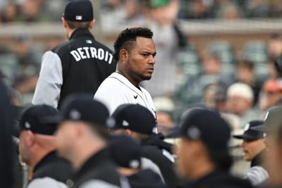 Detroit Tigers starting pitcher Framber Valdez walks down the dugout steps after being pulled from the game against the Boston Red Sox in the fourth inning at Comerica Park on May 5, 2026.