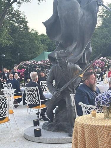 A sculpture named Freedom's Charge at the Rose Garden. It depicts soldiers of the Revolutionary War.