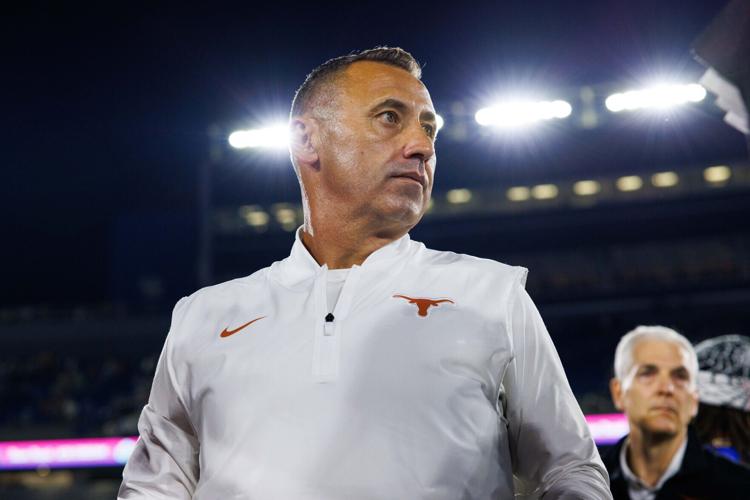 Oct 18, 2025; Lexington, Kentucky, USA; Texas Longhorns head coach Steve Sarkisian is interviewed by the media after the game against the Kentucky Wildcats at Kroger Field. Mandatory Credit: Jordan Prather-Imagn Images
