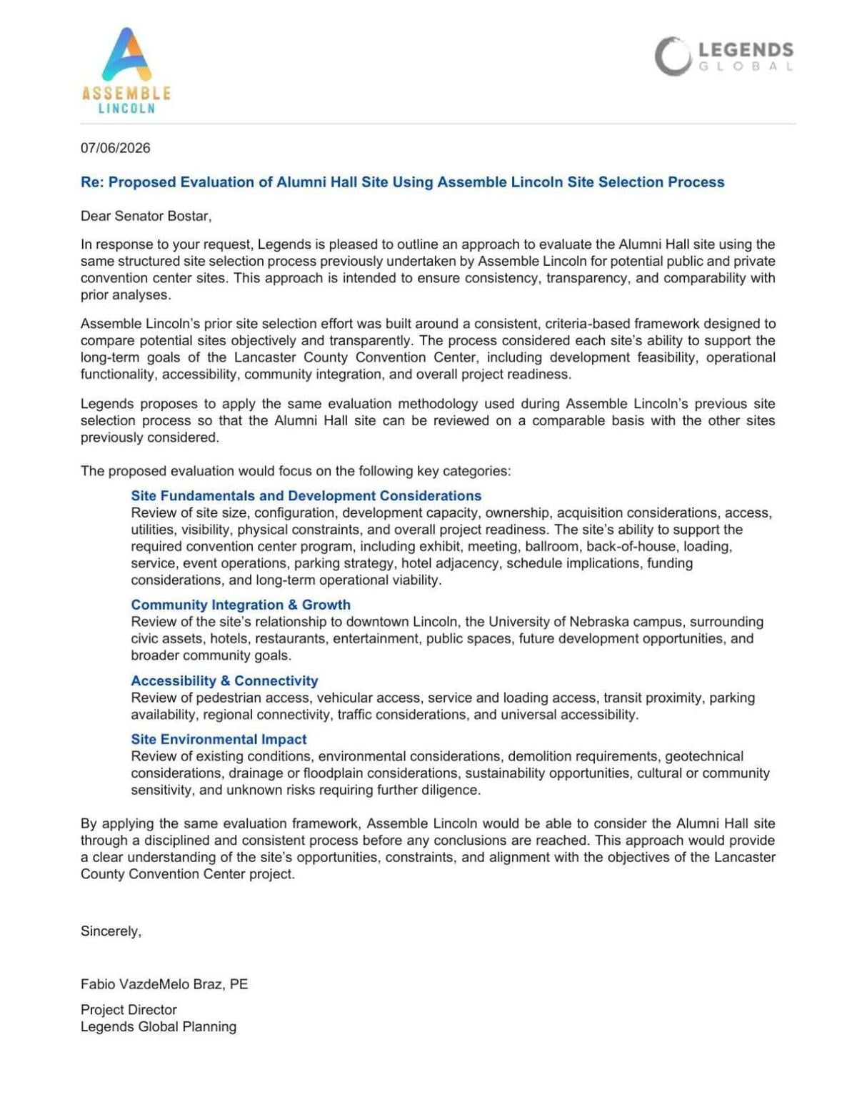 Proposed Evaluation of Alumni Hall Site Using Assemble Lincoln Site Selection Process