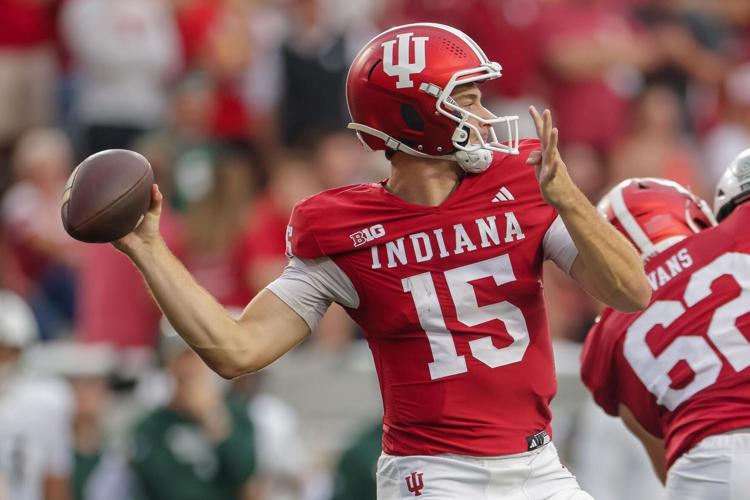 Indiana quarterback Fernando Mendoza throws the ball during the first half against Michigan State at Memorial Stadium on Saturday, Oct. 18, 2025, in Bloomington, Indiana.