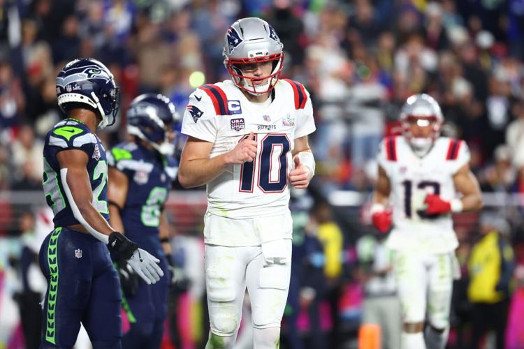 Feb 8, 2026; Santa Clara, CA, USA; New England Patriots quarterback Drake Maye (10) looks on during the fourth quarter against the Seattle Seahawks in Super Bowl LX at Levi's Stadium. Mandatory Credit: Mark J. Rebilas-Imagn Images