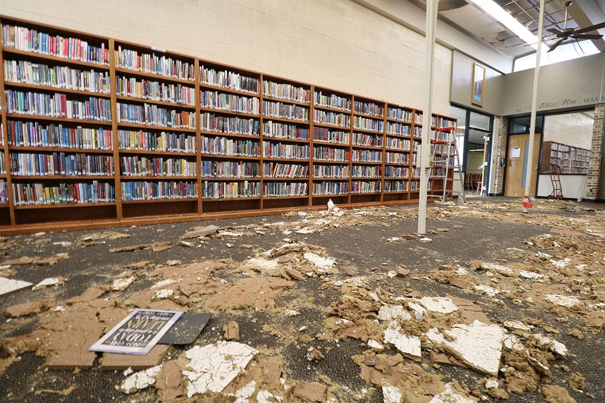 Extensive water damage to Cozad High School library after roof was
