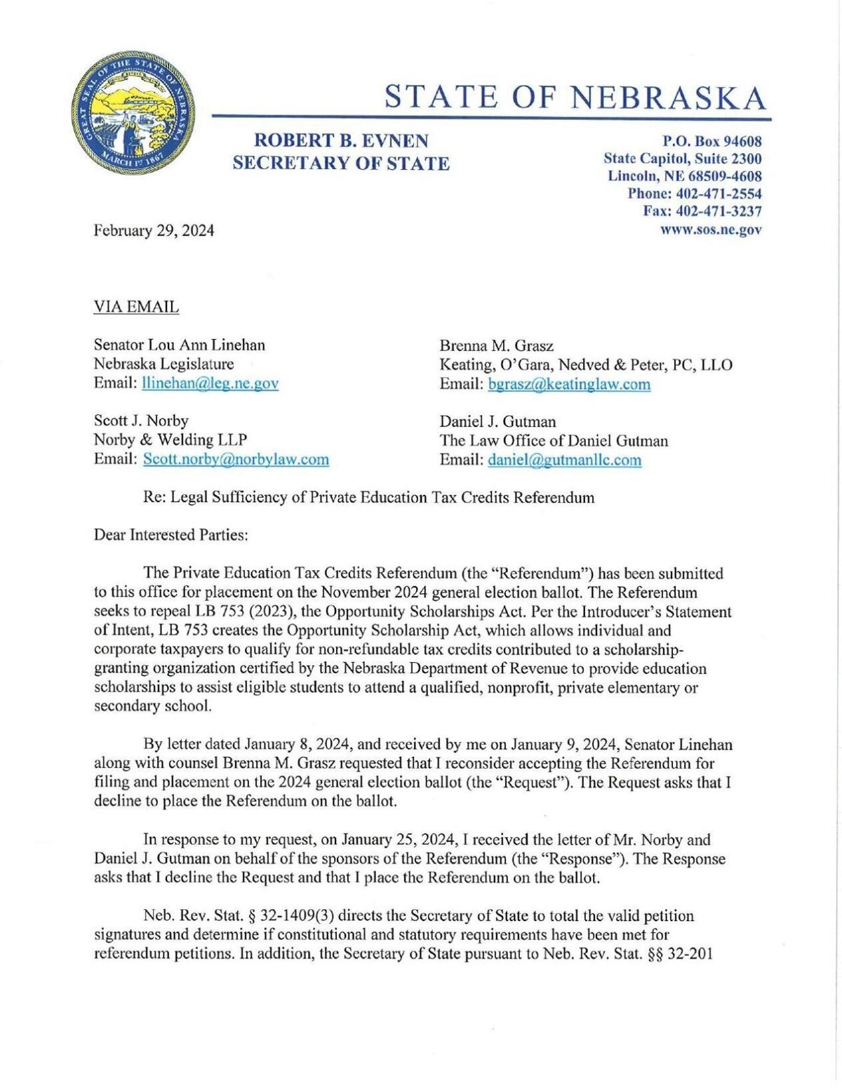 Letter from Evnen to Linehan