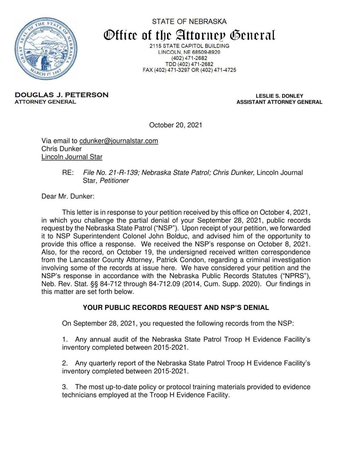 Attorney General response to LJS appeal for patrol records