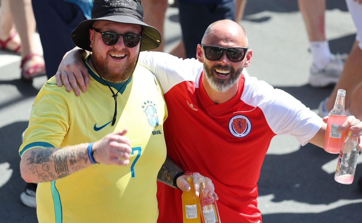 World Cup fans participate in the Scotland Tartan Army march through Little Havana to loanDepot park in Miami on Monday, June 22, 2026.