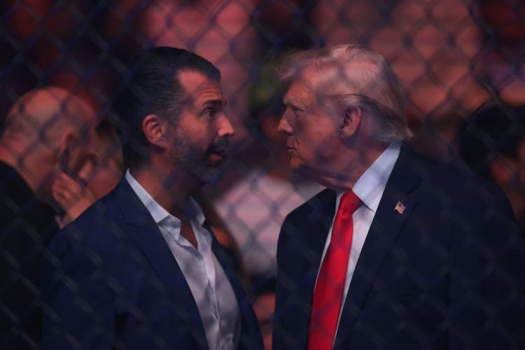 President Donald Trump is seen talking with Donald Trump Jr. during a UFC fight on April 11.