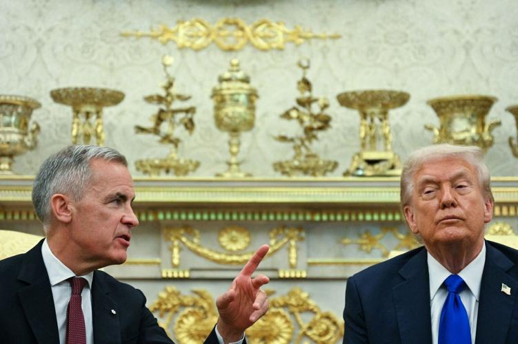 US President Donald Trump meets with Canadian Prime Minister Mark Carney in the Oval Office of the White House in Washington, D.C., on Oct. 7, 2025.