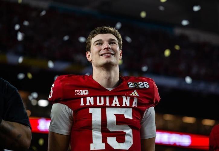Jan 19, 2026; Miami Gardens, FL, USA; Indiana Hoosiers quarterback Fernando Mendoza (15) celebrates after defeating the Miami Hurricanes in the College Football Playoff National Championship game at Hard Rock Stadium. Mandatory Credit: Mark J. Rebilas-I...