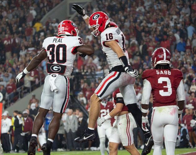 Oct 10, 2026; Tuscaloosa, Alabama, USA;  Georgia running back Nick Peal (30) celeb rates with Georgia wide receiver London