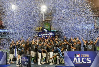 The Tampa Bay Rays celebrate winning the American League pennant after defeating the Cleveland Guardians in Game 6 at Tropicana Field on Oct. 19, 2026, in St. Petersburg, Florida.