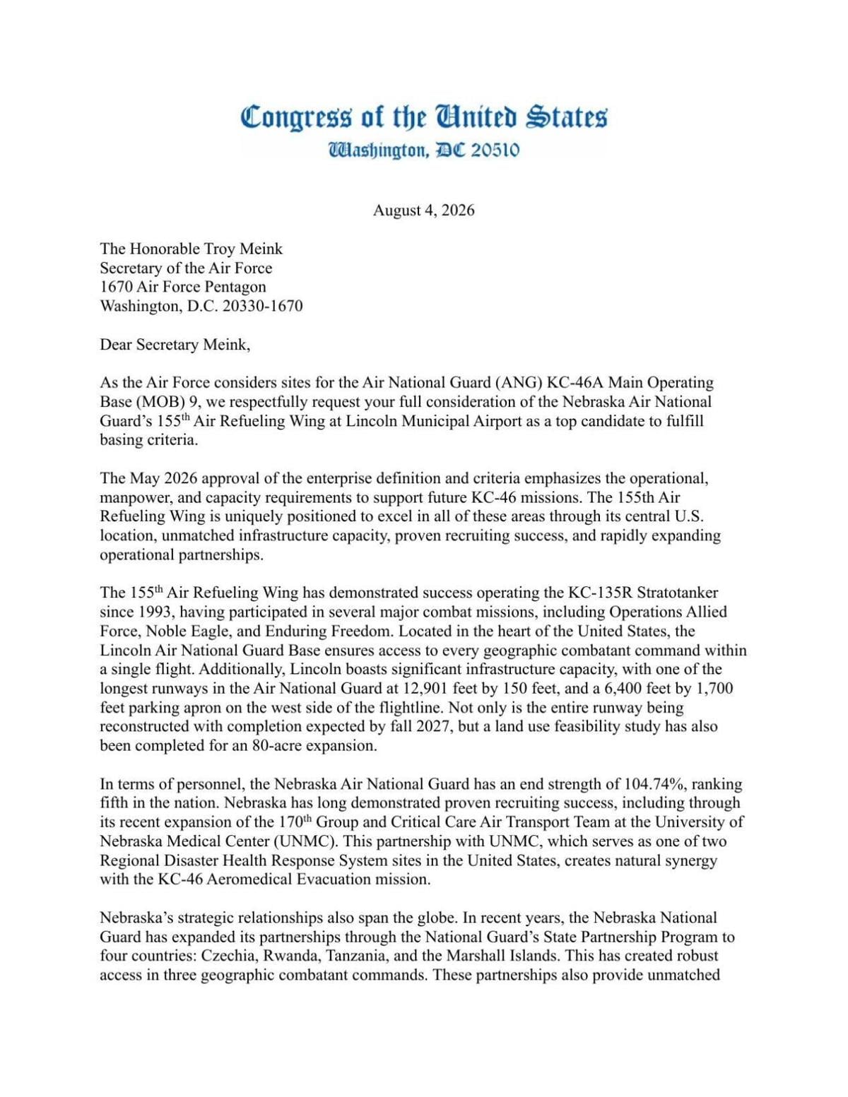 Ricketts' letter to Air Force secretary