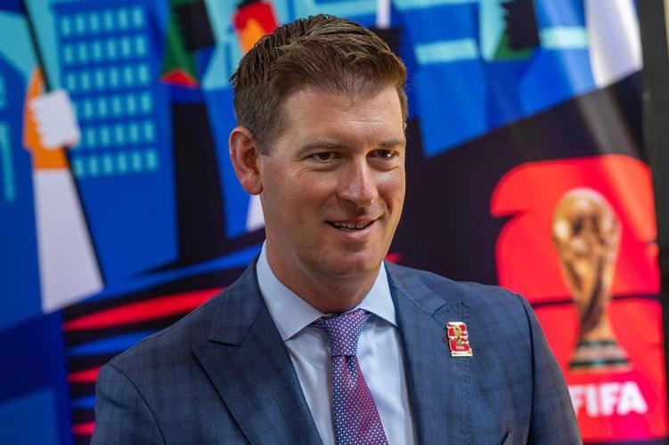 Jake Reid, Sporting KC president and CEO, speaks to reporters during the One Year To Go news conference for the FIFA World Cup at Union Station on June 11, 2025, in Kansas City, Missouri.