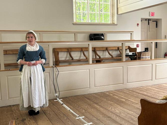 Anna Fiscarelli-Mintzer, as Betsy Ross, talks about the day George Washington, Robert Morris and her late husband's uncle George Ross visited to ask her to make a new American flag.
