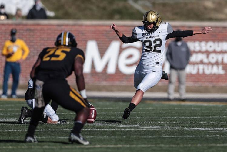 Vanderbilt's Sarah Fuller kicks off in the second half against Missouri at Memorial Stadium in Columbia, Missouri, on Saturday, Nov. 28, 2020.